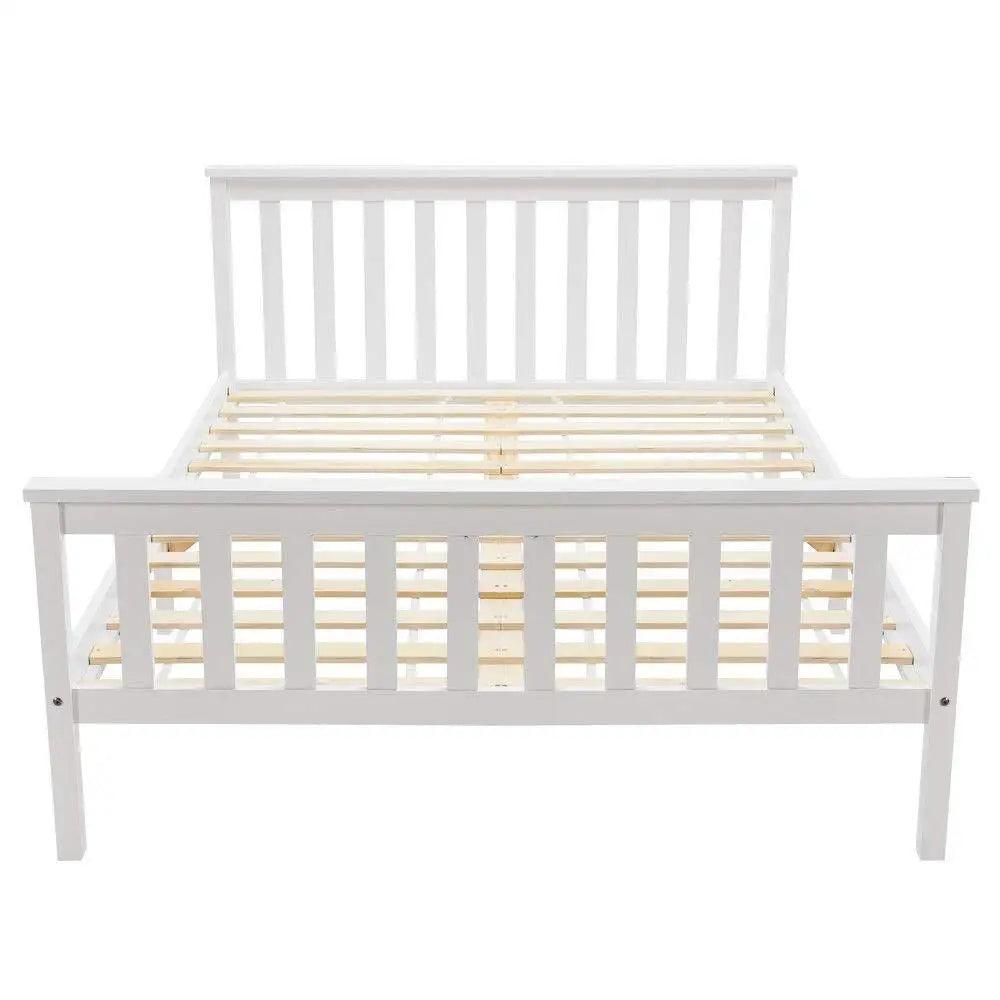 4ft6 Double Wooden Bed Frame, White Solid Pine, No Box Spring Needed