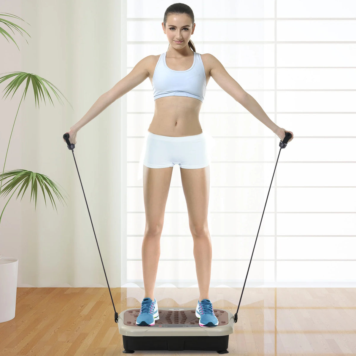 Resistance bands attached to a vibration plate platform