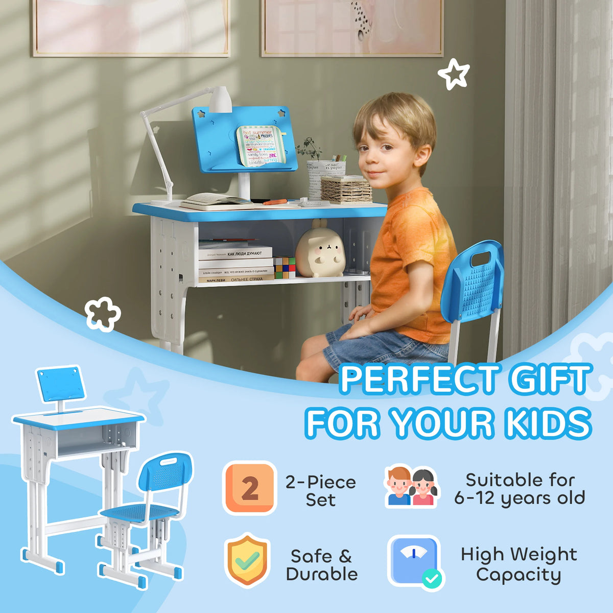 Kids Height Adjustable Desk and Chair Set with Drawer and Book Stand, Blue