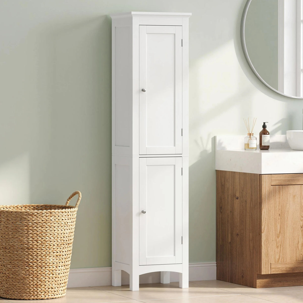 Tall Bathroom Storage Cabinet with Double Doors and Adjustable Shelves, White