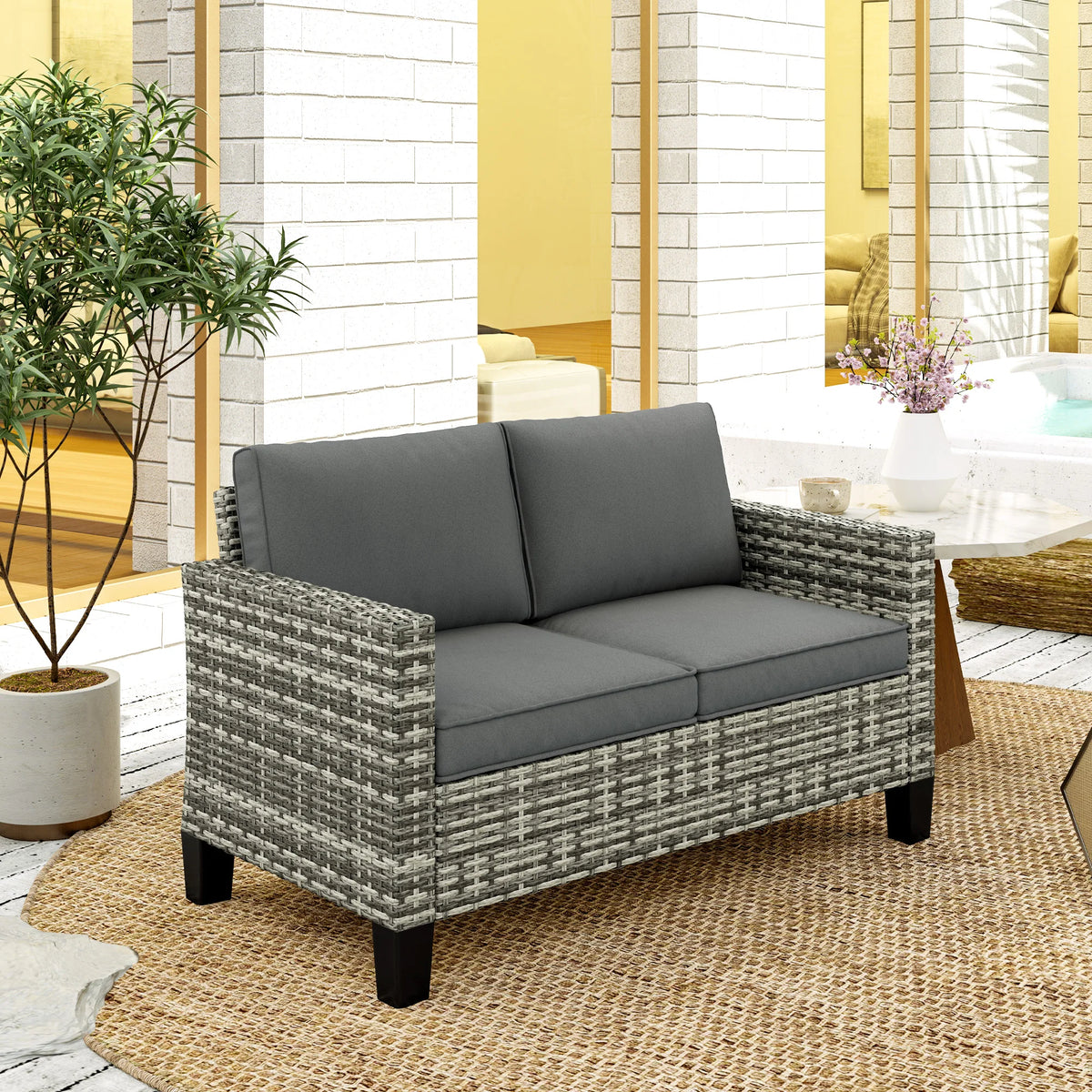 2 Seater Rattan Garden Sofa with Cushions, Wicker Loveseat with Armrests
