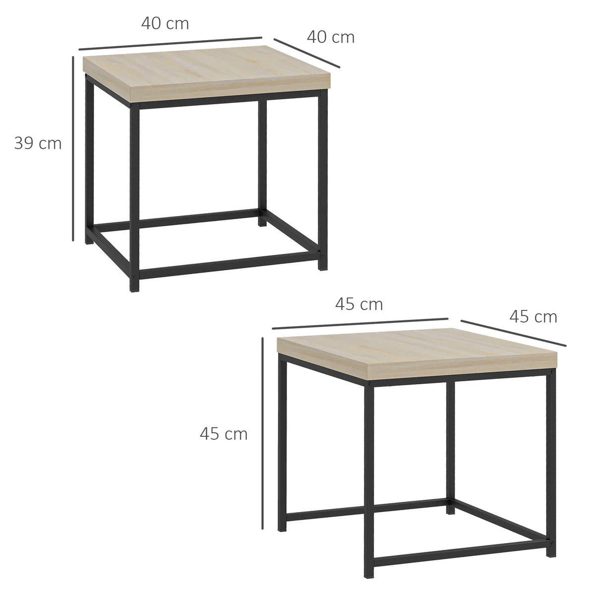 Coffee Table Set of 2, Nest of Tables with 3.5cm Thick Tabletop, Oak