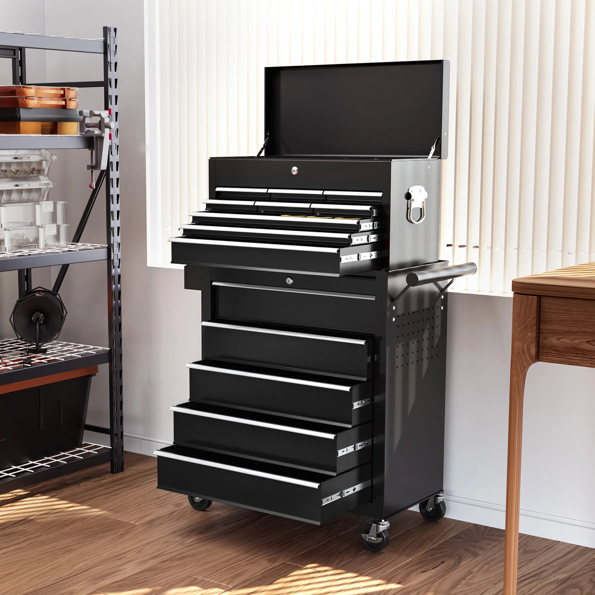 Rolling Tool Cabinet and Top Chest Combo with Lockable Drawers and Pegboard, Black