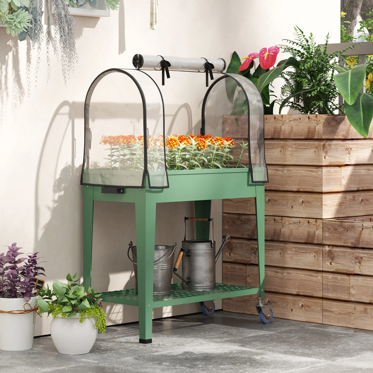 Raised Garden Bed with Greenhouse Cover and Wheels, Elevated Planter, 80 x 40 x 120 cm