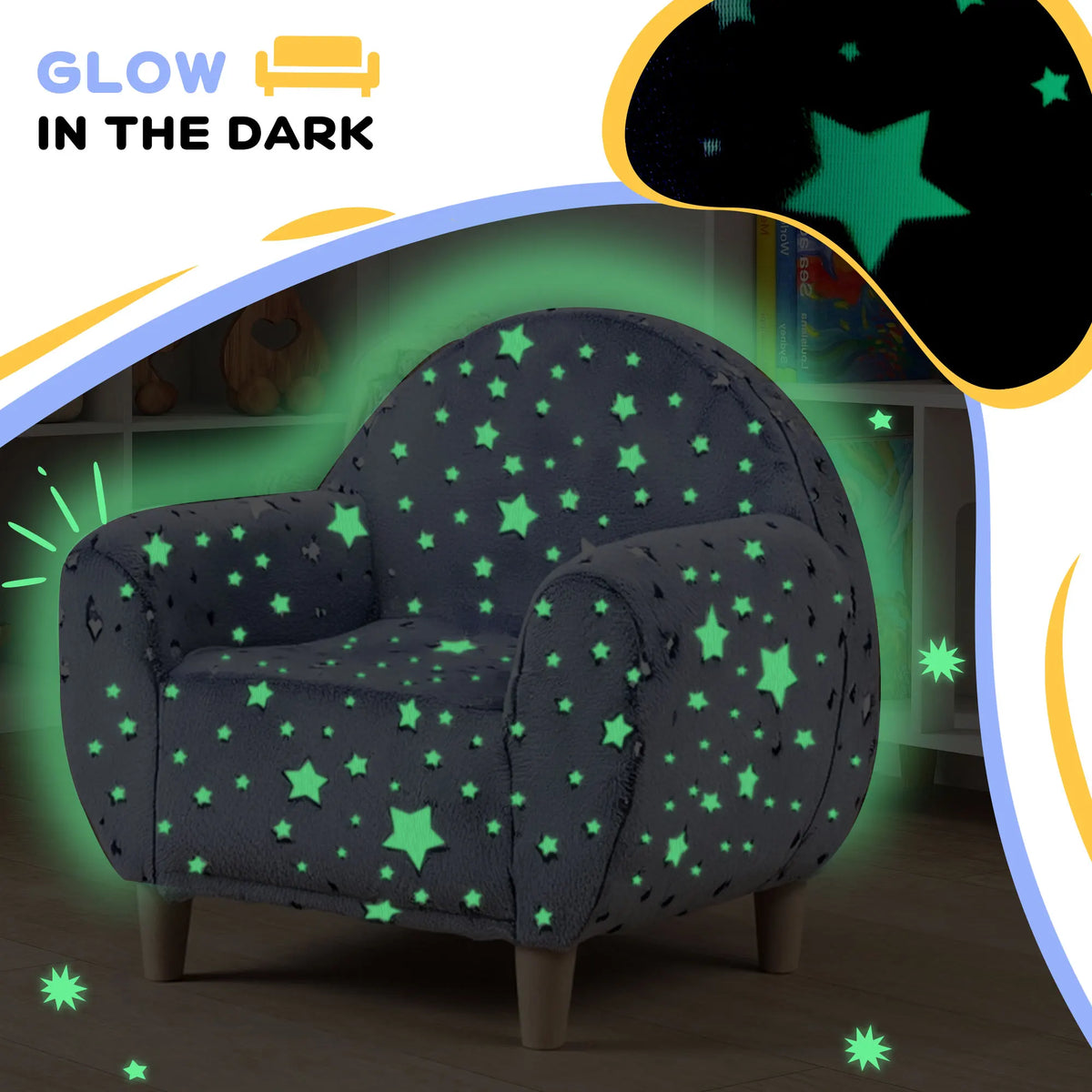 Kids Armchair with Glow in the Dark Star Pattern High Density Foam Soft Fabric Wide Armrests for Bedroom