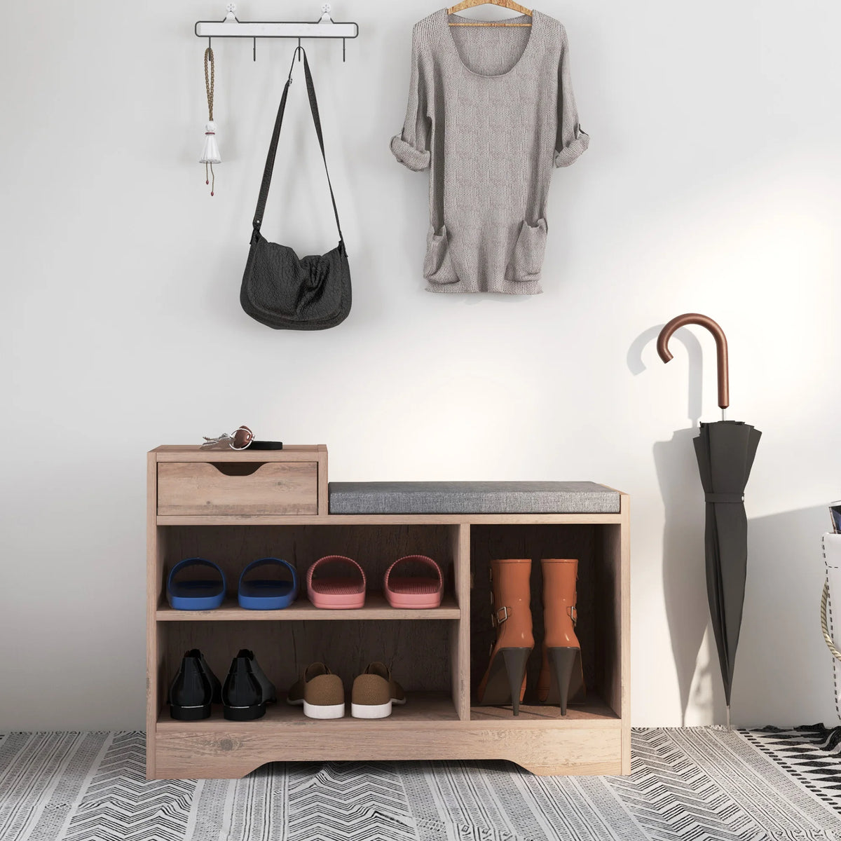 Upholstered Hallway Shoe Storage Bench with Drawer and Open Shelves