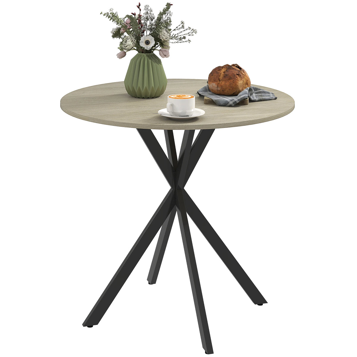 Round Dining Table 80cm Industrial Kitchen Table with Cross Steel Legs White Oak Effect Seats 2-4