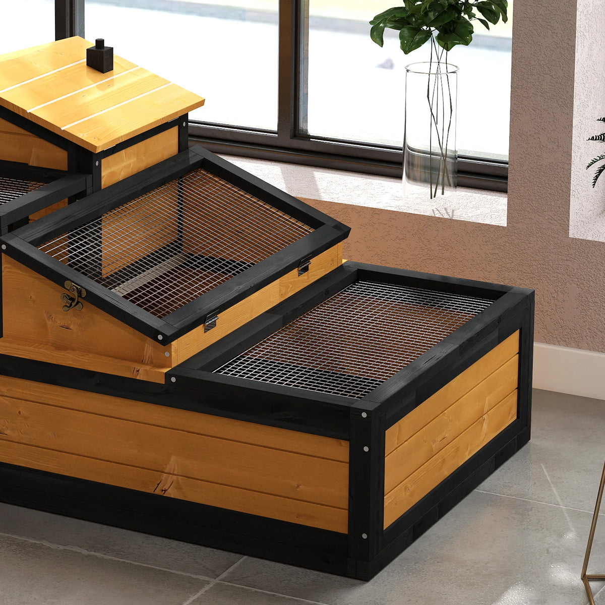 Wooden Tortoise House, Indoor Outdoor with Balcony, Tray, Openable Roof