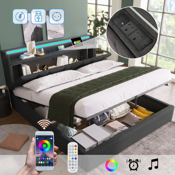 4ft6 Double Upholstered Bed Frame with LED Lighting & USB Charging Storage Headboard, Grey Linen