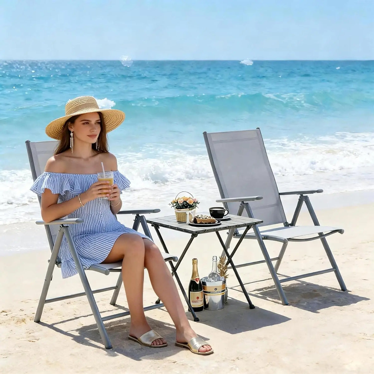 Set of 2 High Back Aluminium Folding Garden Chairs with Armrests 8 Position Adjustable for Patio Camping Balcony