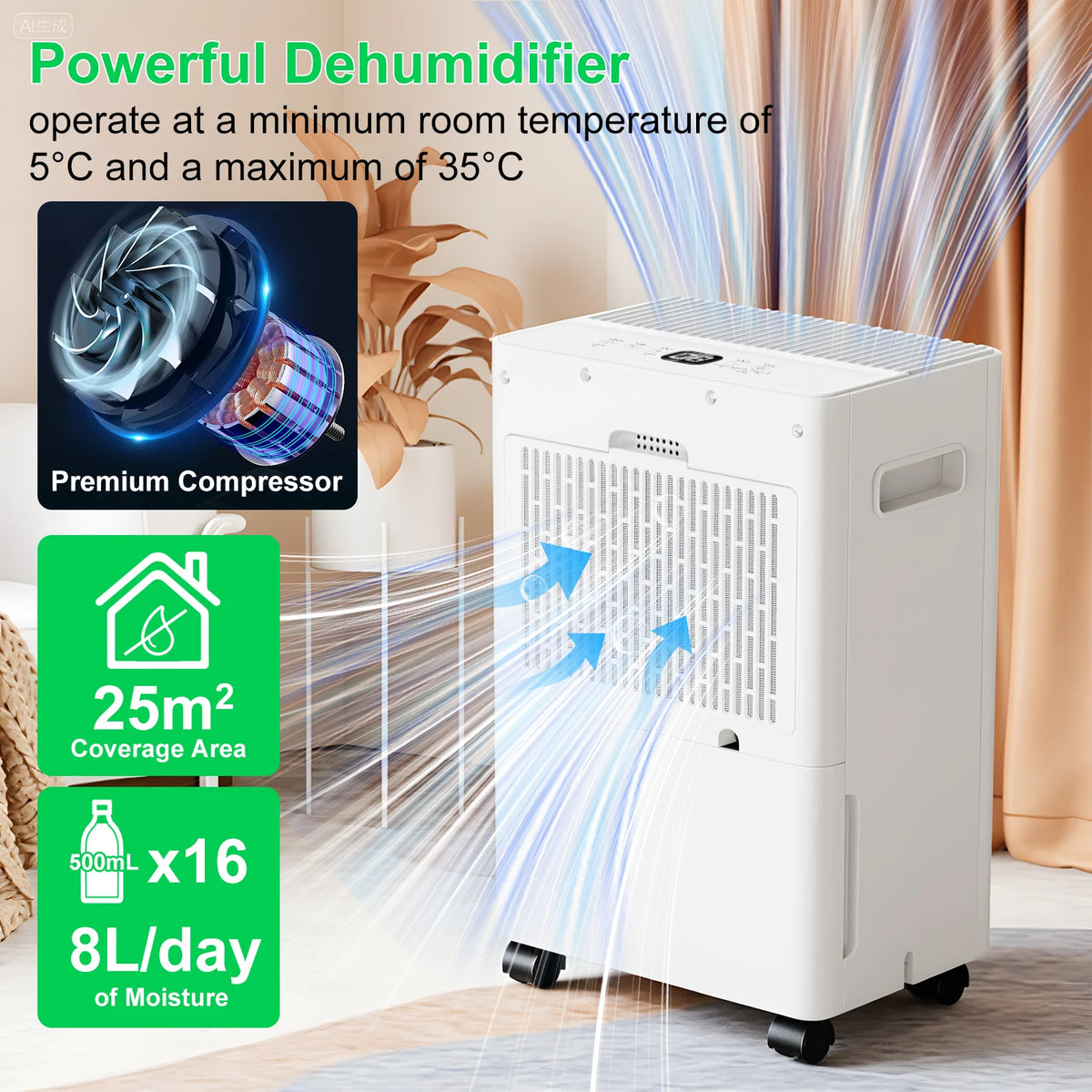8L per Day Dehumidifier with Drainage Hose and Humidity Control