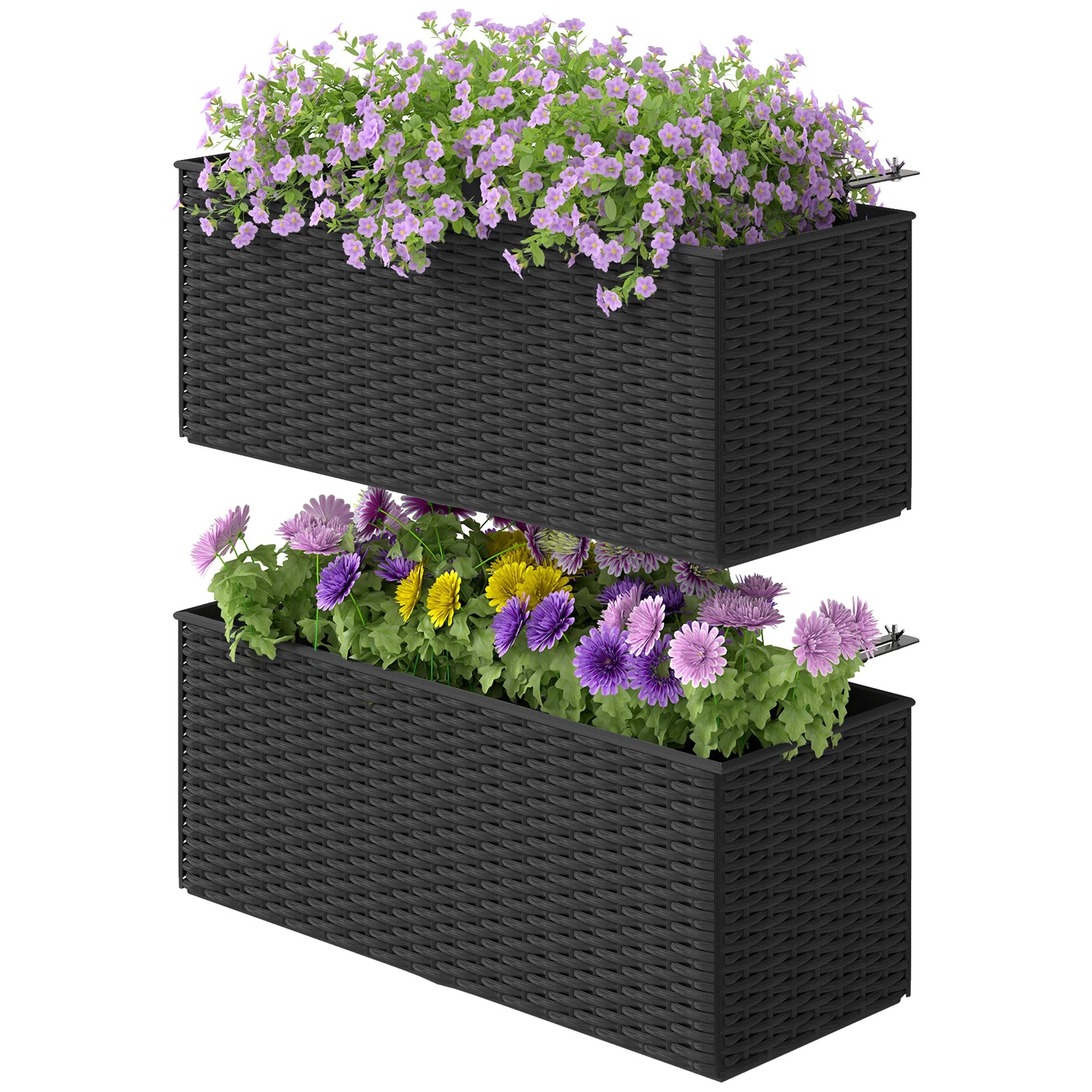 Set of 2 Hanging Flower Boxes 50cm Rattan Effect with Hooks Drainage Holes for Balcony Railing Garden Black