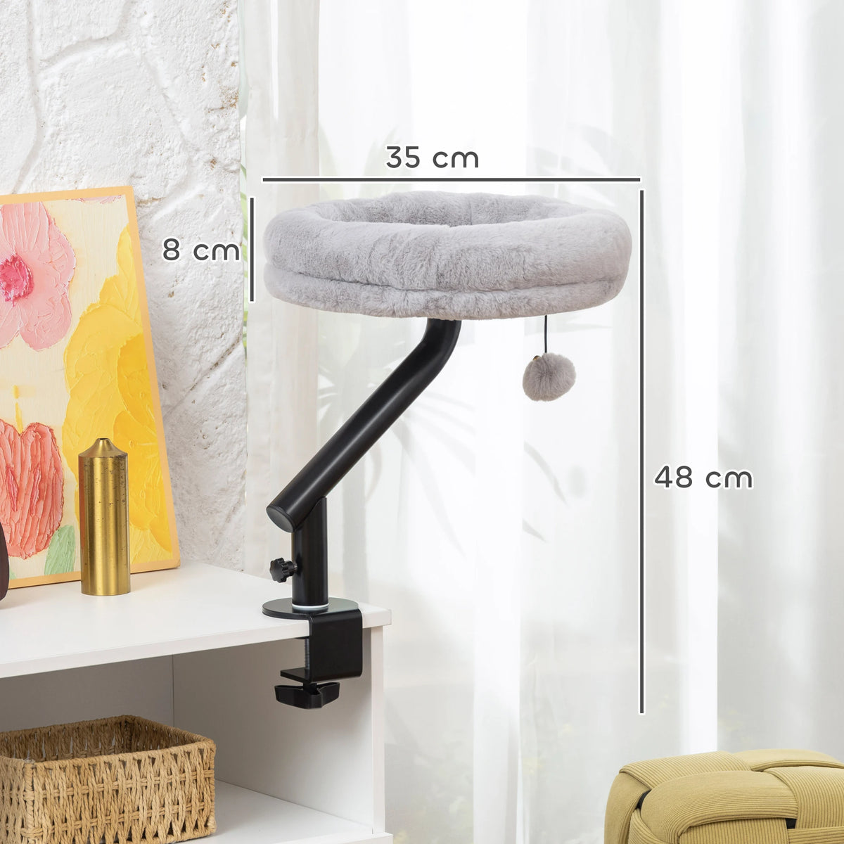 Cat Bed for Desk 360° Rotatable Clamp On Cat Hammock 35x35x48cm Plush Washable with Teaser Ball Grey