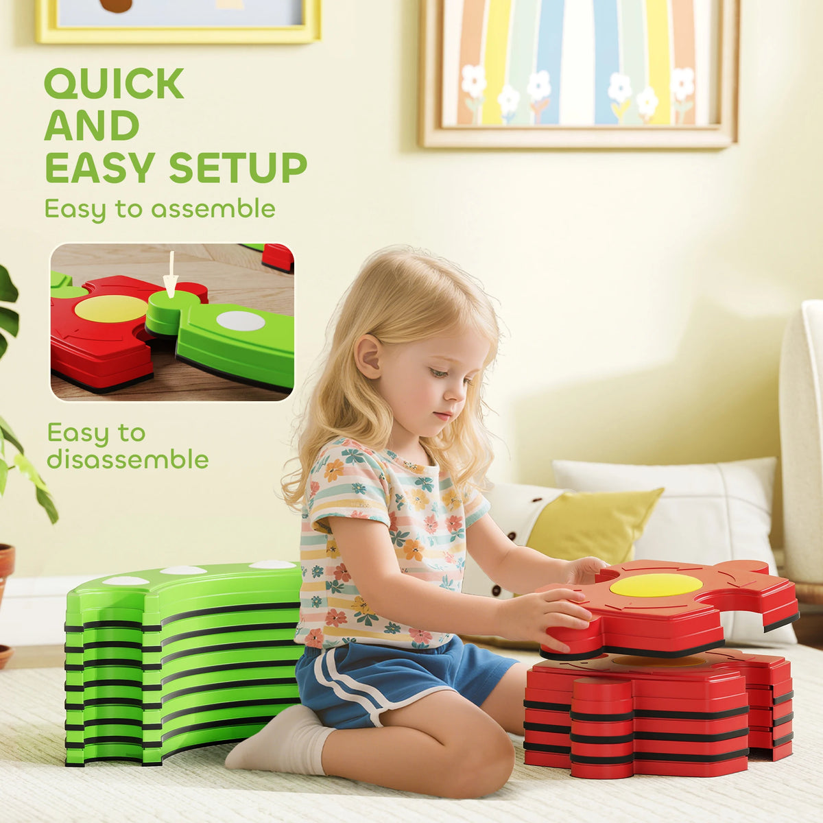 Kids Balance Beam and Stepping Stones Modular Sensory Set with Textured Bumps 50kg Indoor Outdoor Green
