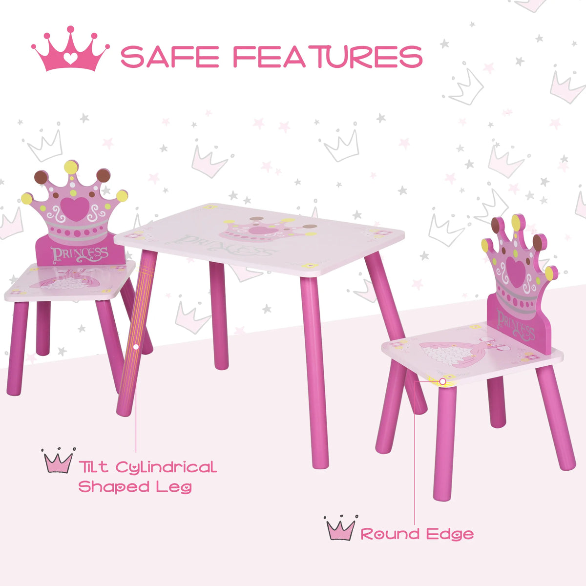 3 Piece Kids Table and Chair Set Princess Crown Design Pine Wood and MDF Rounded Corners Ages 2-4 Pink
