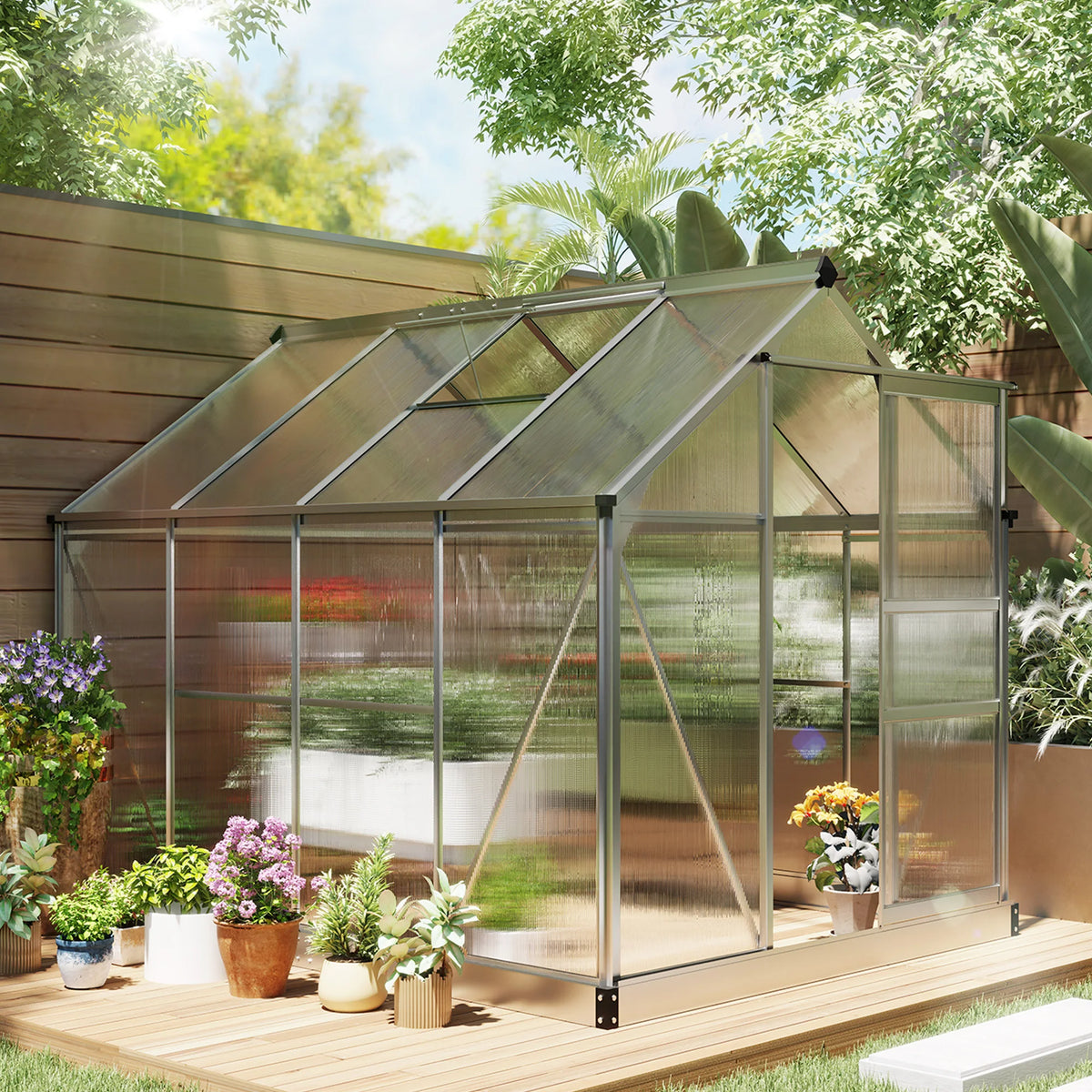 6 x 8ft Polycarbonate Greenhouse, Large Walk-In Green House with Slide Door and Window, Garden Plants Grow House