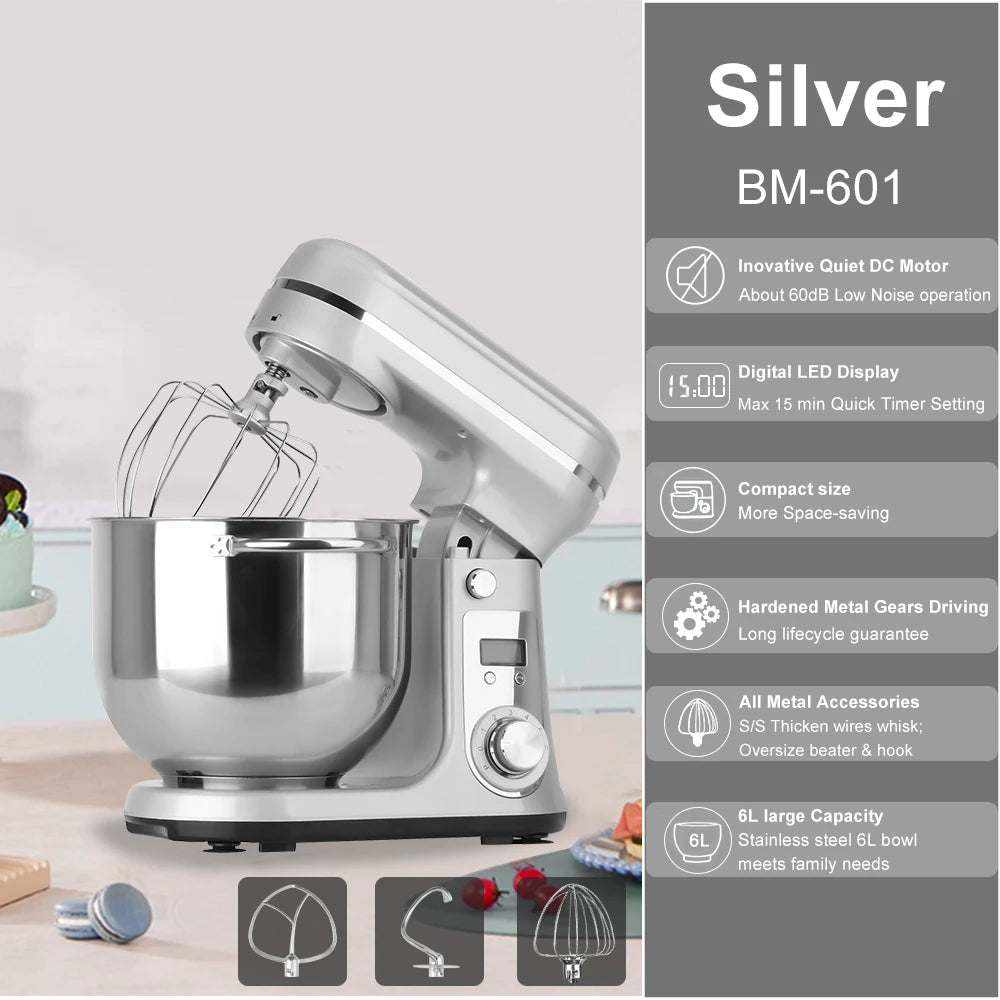 1200W Stand Mixer 6L Kitchen Food Mixer with Dough Hook Whisk 6 Speed Baking Machine