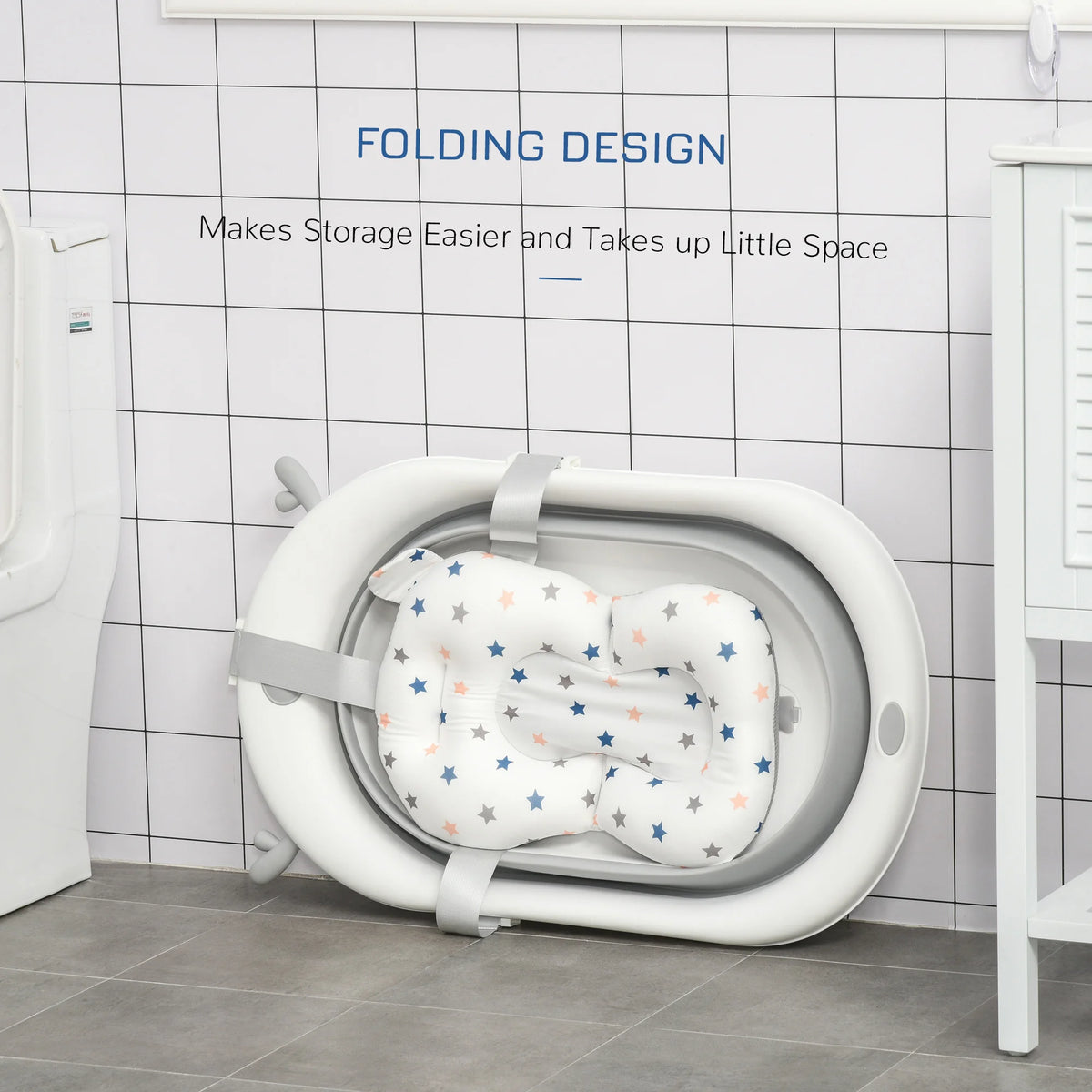 Foldable Baby Bath Tub with Temperature Indicating Plug Ergonomic Cushion and Non Slip Folding Legs