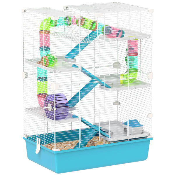 6 Tier Twin Tower Hamster Cage 58x36x81cm with Tube System 13cm Deep Base and 0.9cm Bar Spacing Light Blue