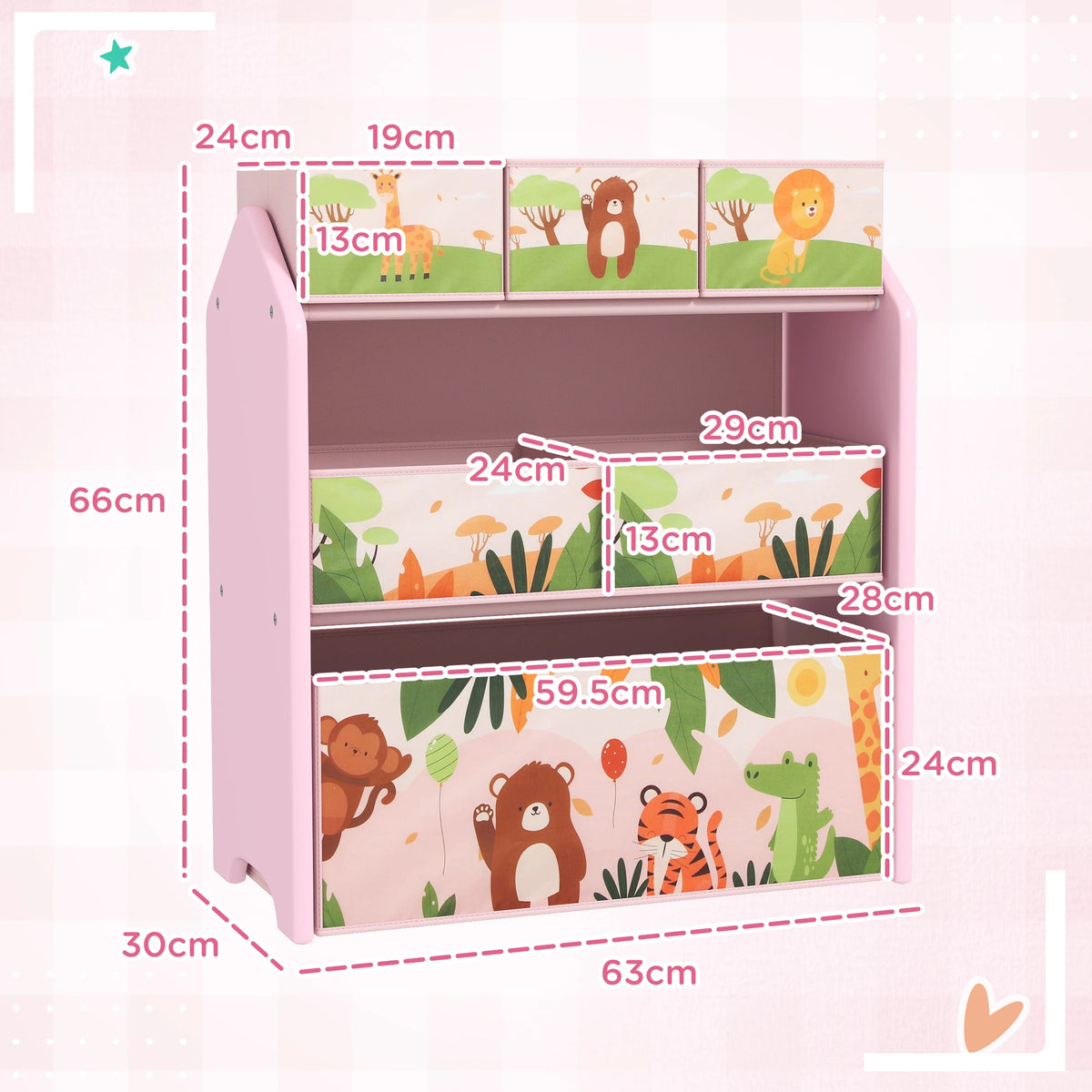 Kids Toy Storage Unit 3 Tier 63x30x66cm with 6 Removable Fabric Boxes MDF Rounded Edges Pink