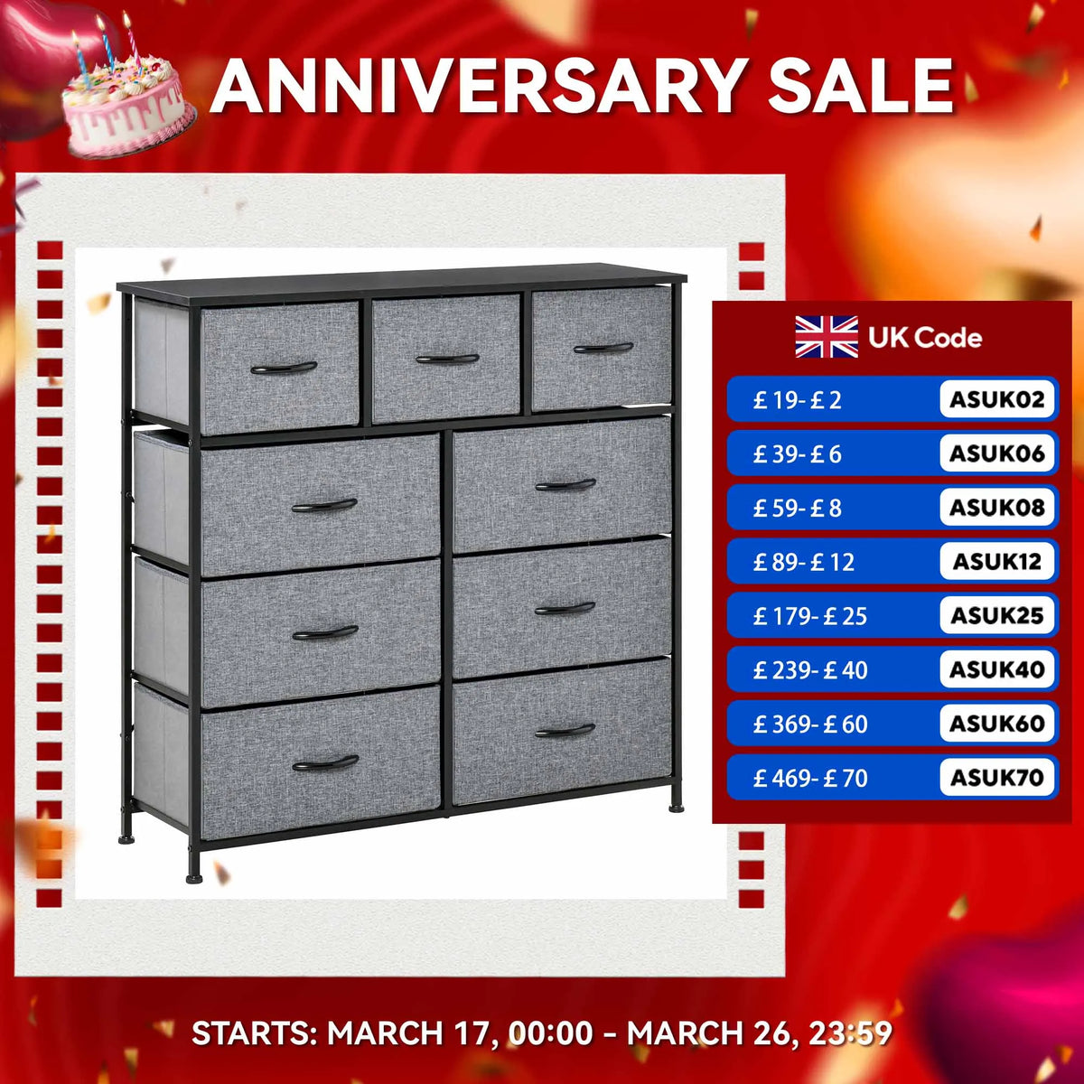 9-Drawer Fabric Chest of Drawers with Steel Frame, Black and Grey