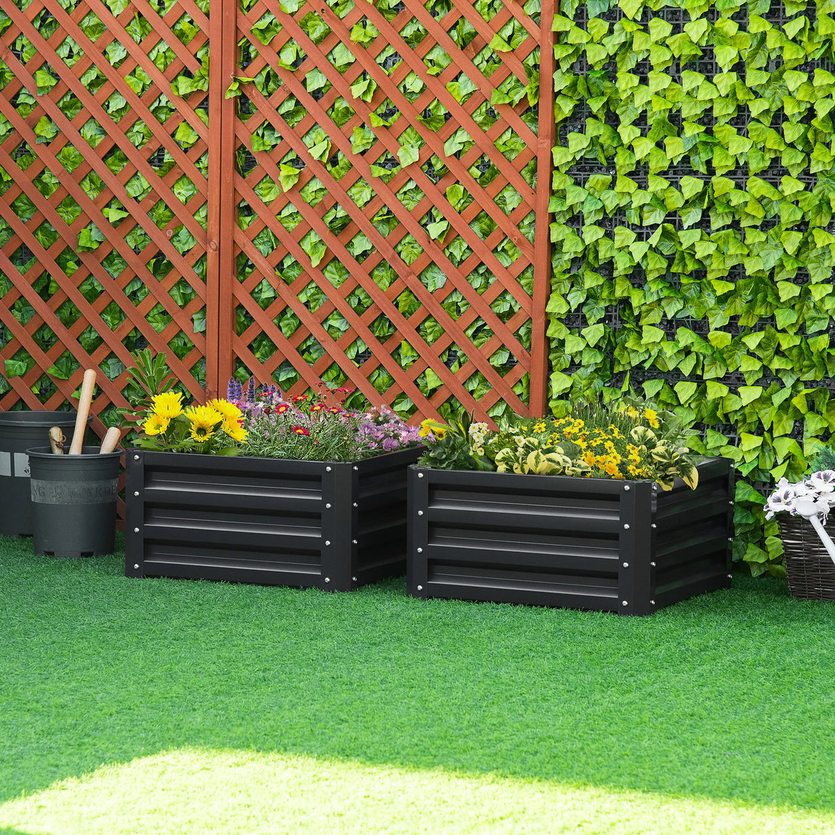 Set of 2 Raised Garden Beds Galvanised Steel Planter Boxes Open Bottom Rugged Design Easy Setup Grey