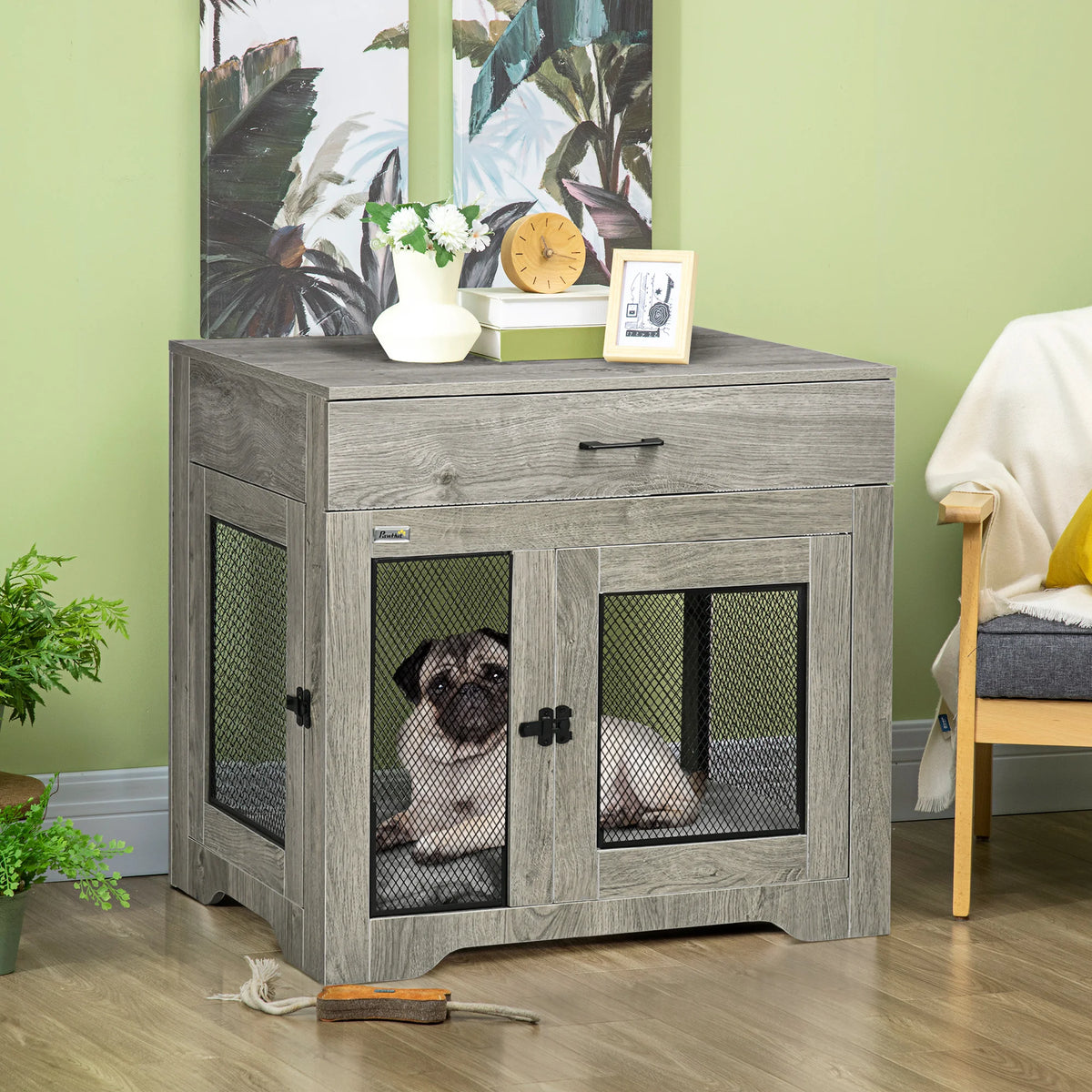 Pet Crate End Table with Double Doors and Drawer for Medium Dogs