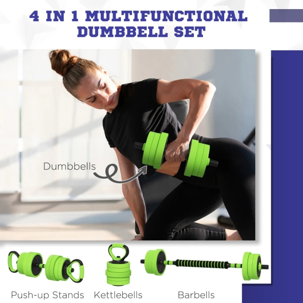20kg 4 in 1 Adjustable Dumbbell Set with Barbell Kettlebell Push Up Stand Green for Home Gym