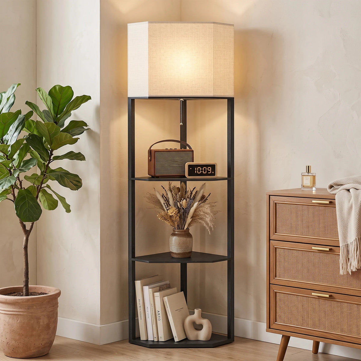 Corner Floor Lamp with 3 Shelves and Fabric Shade, Black