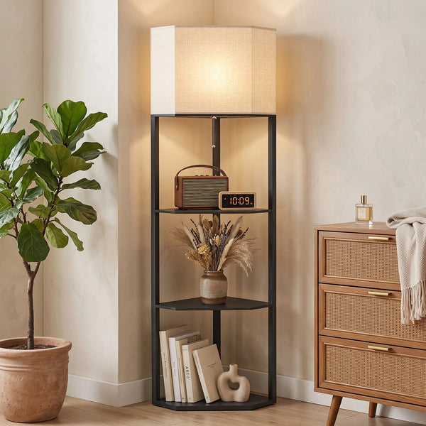 Corner Floor Lamp with 3 Shelves and Fabric Shade, Black