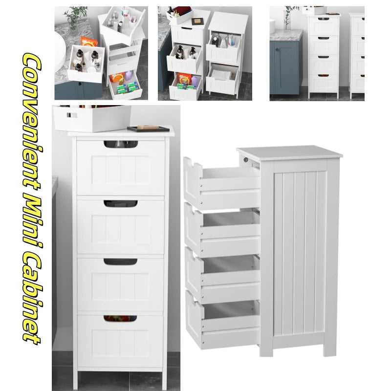 4 Drawer White Storage Cabinet 30x30x82cm Slim MDF Organiser for Bedroom Bathroom Living Room Hallway