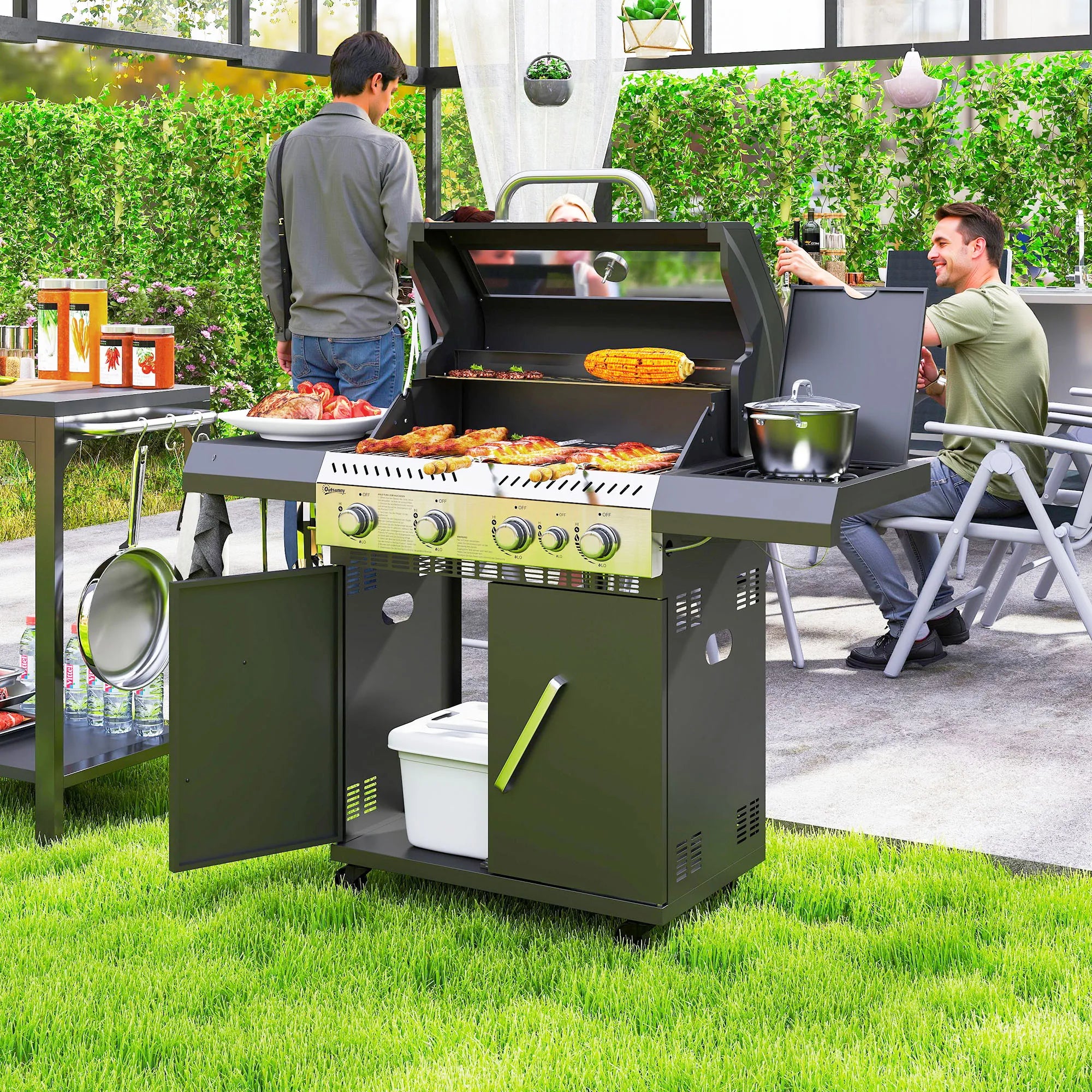 4+1 Burner Gas BBQ Grill 2788cm² Clear Lid Thermometer Side Burner Storage Cabinet 4 Wheels for Garden Patio