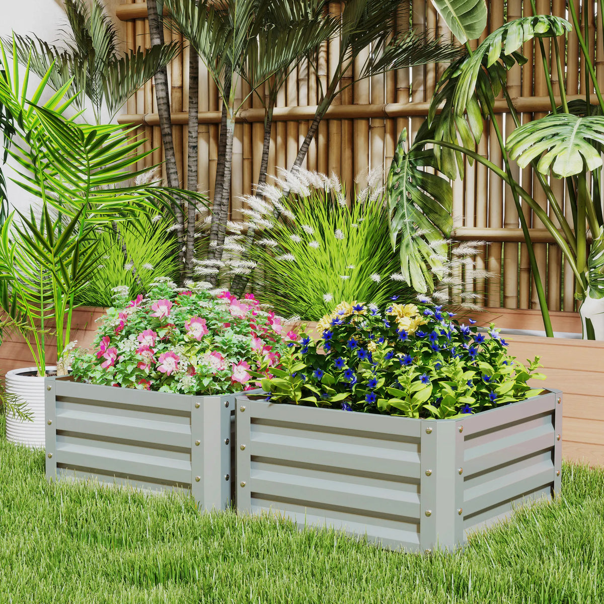 Set of 2 Raised Garden Beds, Galvanised Steel Planter Boxes, Easy Setup, Light Grey