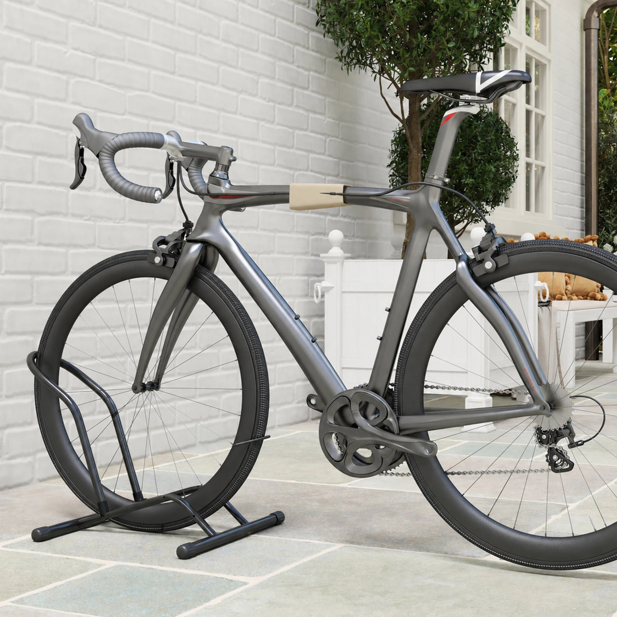 Bike Floor Stand with Auto-Locking Tilt, for Tyres up to 8.5cm, Black