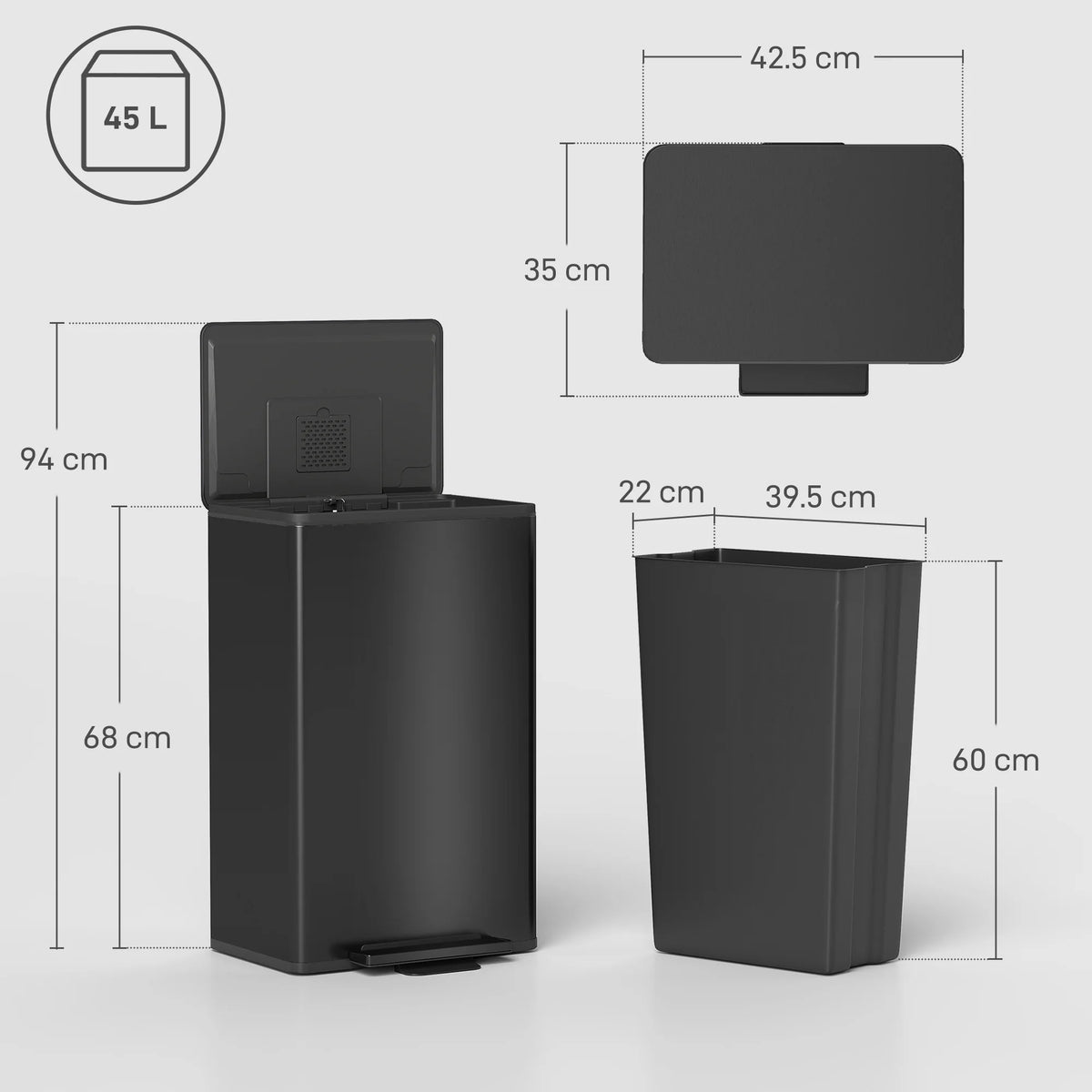 45L Pedal Kitchen Bin with Soft-Close Stay-Open Lid and Inner Bucket, Black