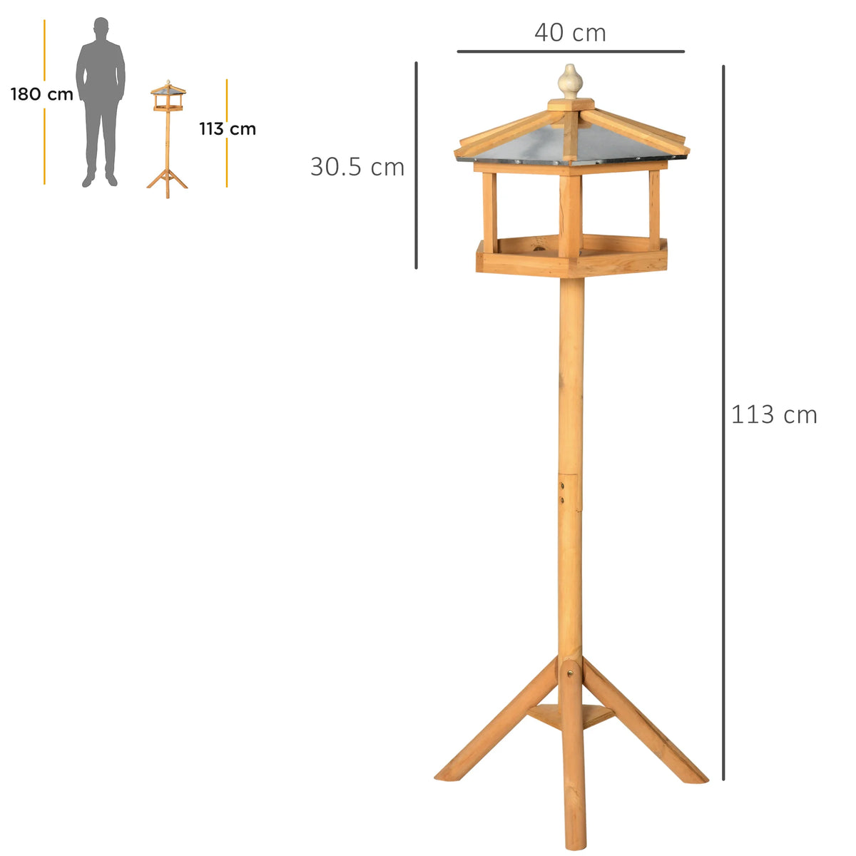 Wooden Bird Table Free Standing Feeder 40x113cm Fir Wood with Metal Roof and Tripod Base Natural