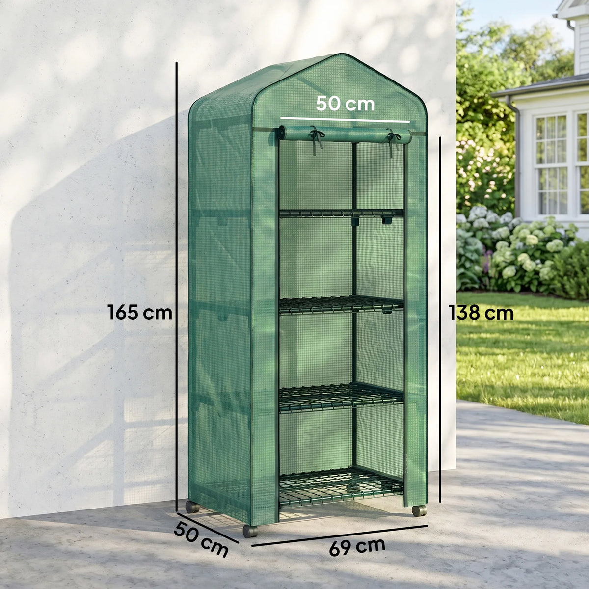 Portable 4-Tier Mini Greenhouse on Lockable Wheels with Clear Cover, Green