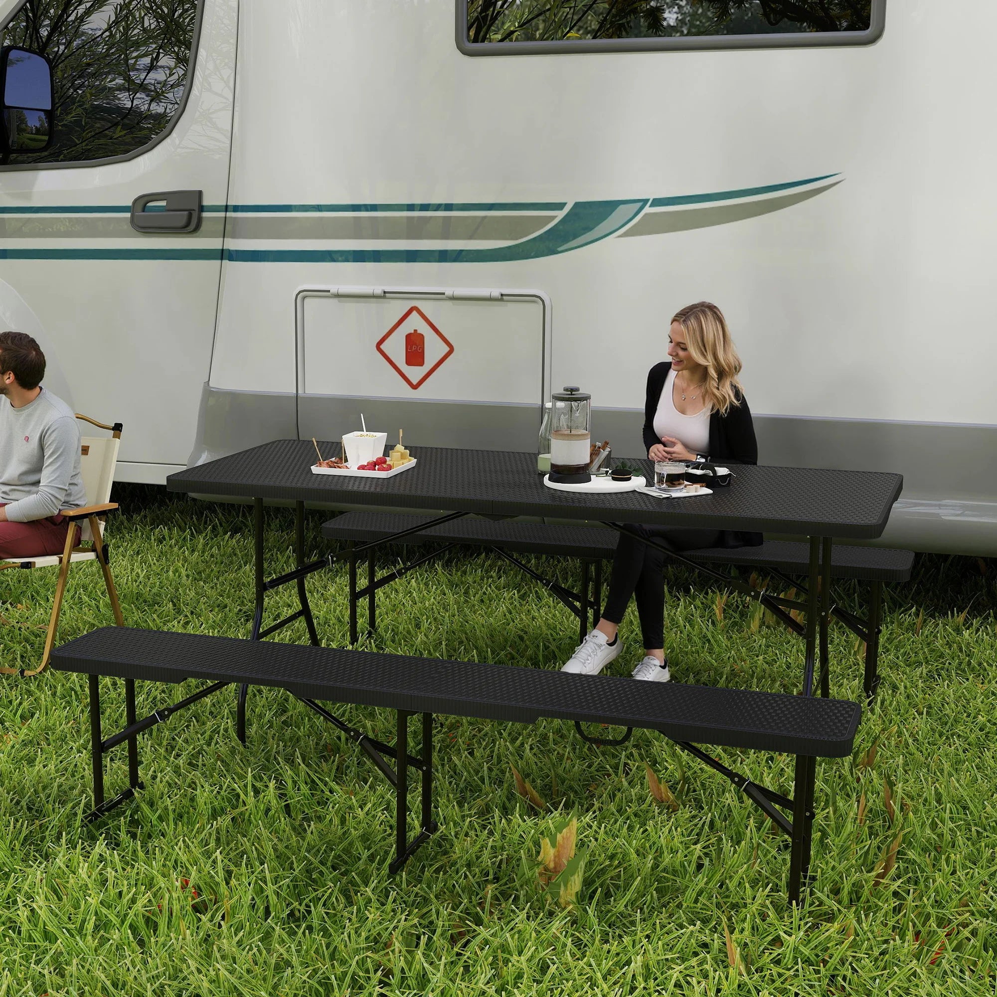 Folding Picnic Table and Bench Set 3 Piece Rattan Effect HDPE Top 180cm Portable Camping Outdoor Dining Set