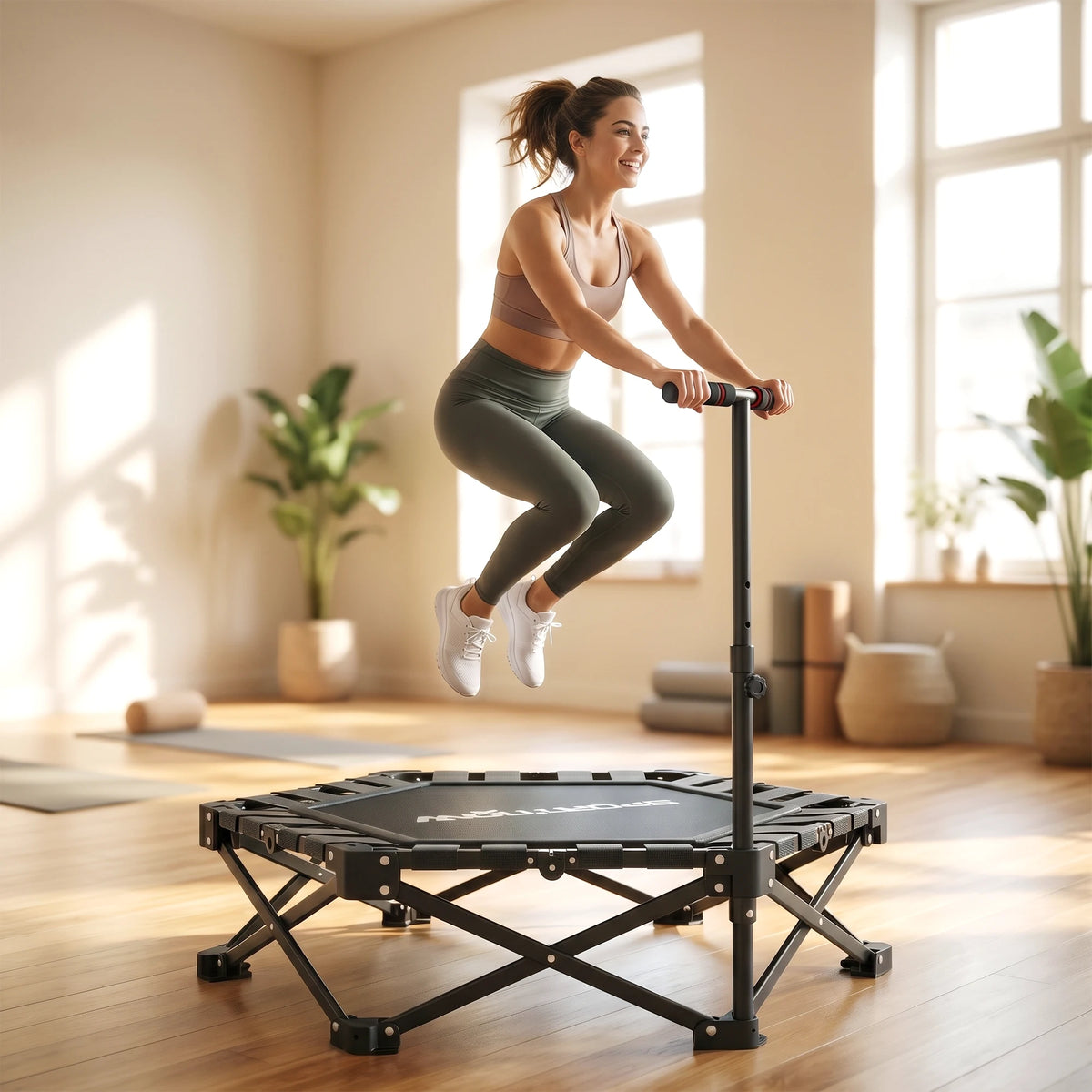 42-Inch Foldable Mini Trampoline with 3-Height Adjustable Handle, Black