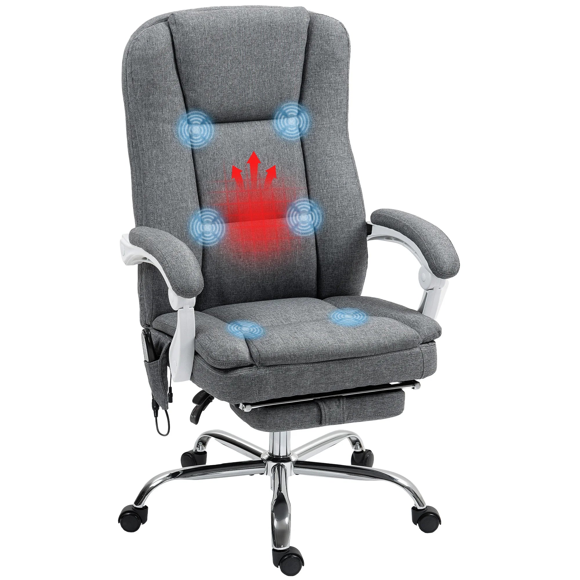 Grey Massage Office Chair with Heat and Reclining Footrest | 6-Point Vibration Desk Chair with 8 Massage Modes