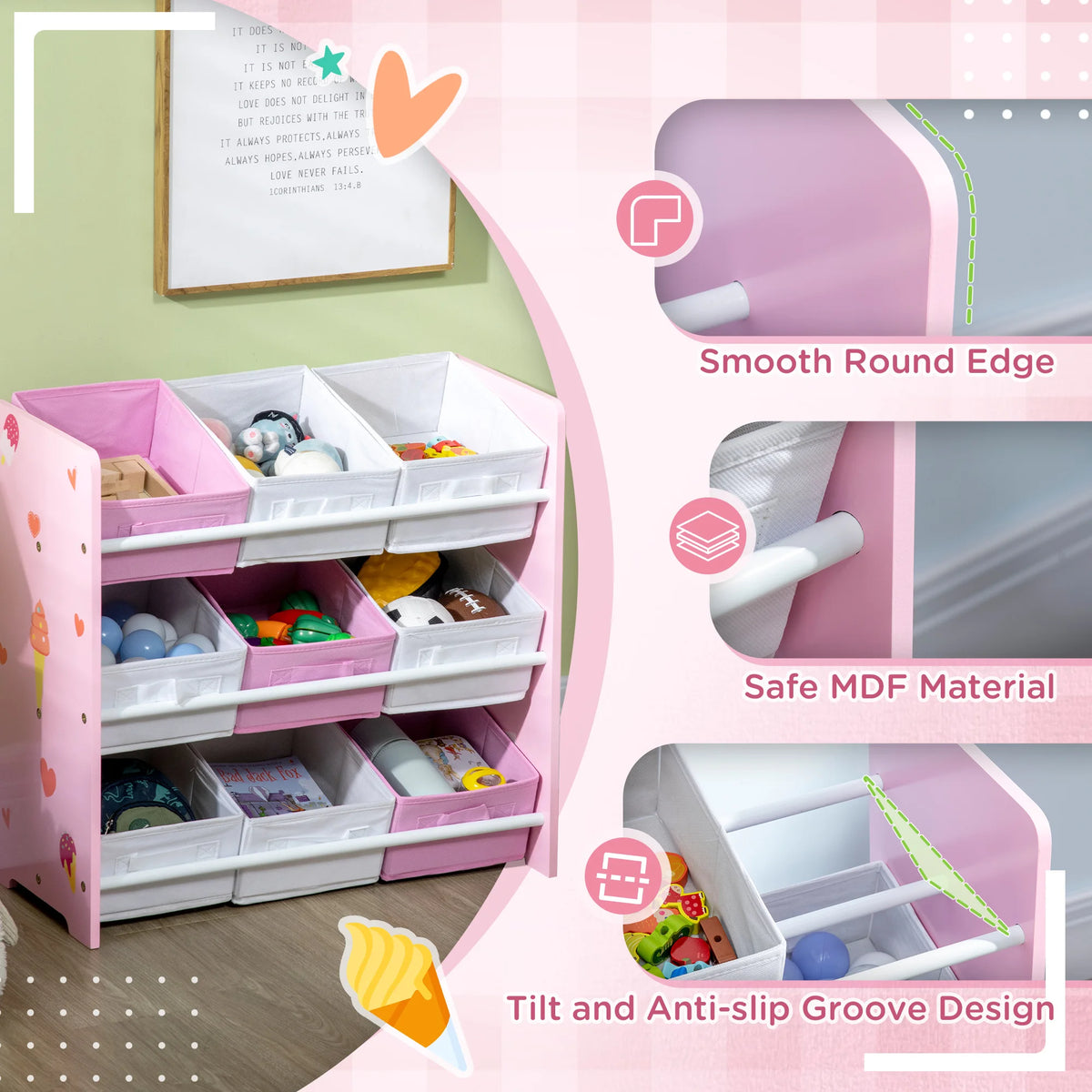 Kids Storage Unit with 9 Removable Baskets 63x30x60cm Toy Organiser Bookshelf MDF Rounded Edges