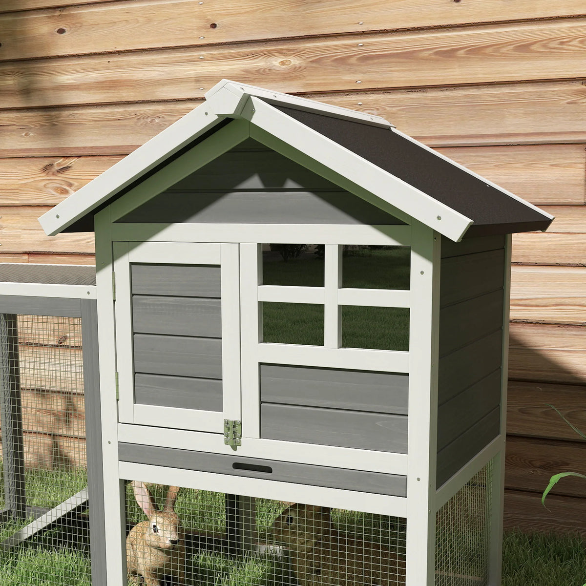 Wooden Rabbit Hutch 122cm 2 Storey Bunny Cage with Steel Wire Run Ramp Slanted Asphalt Roof and Tray