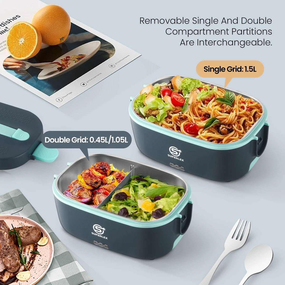 6-in-1 Electric Lunch Box 70W Heated Food Container with Leakproof Design Removable Stainless Steel Liner and Car and Home Charging