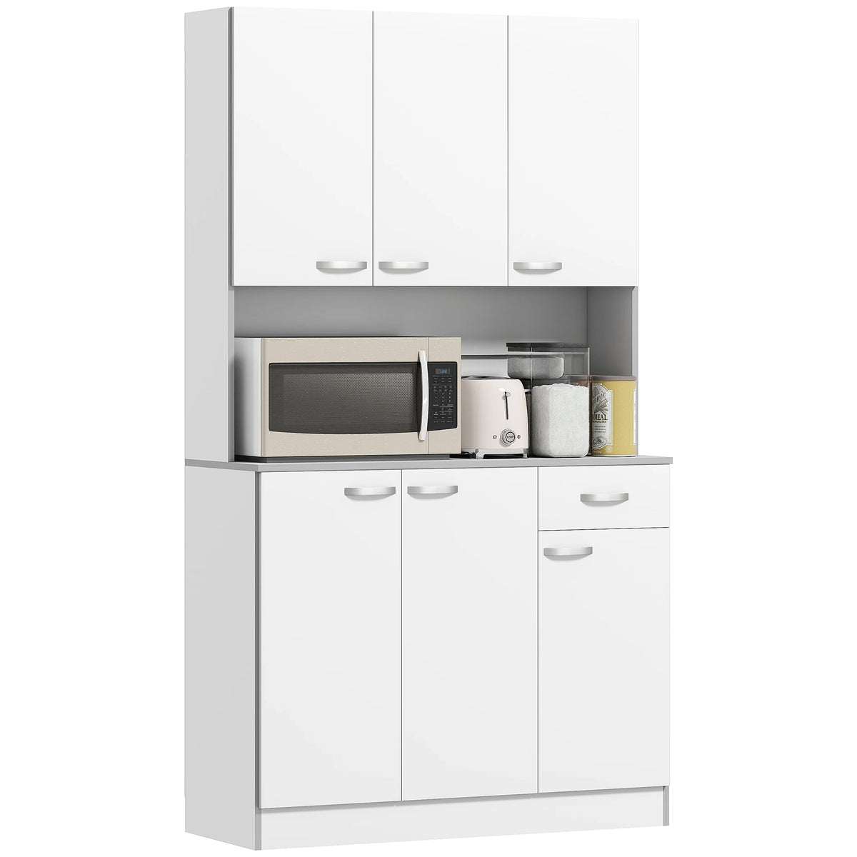 Freestanding Kitchen Cupboard with 2 Cabinets Drawer and Open Shelf 3 Level Adjustable Shelves 73kg White