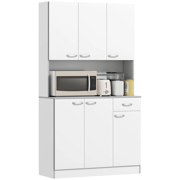 Freestanding Kitchen Cupboard with 2 Cabinets Drawer and Open Shelf 3 Level Adjustable Shelves 73kg White