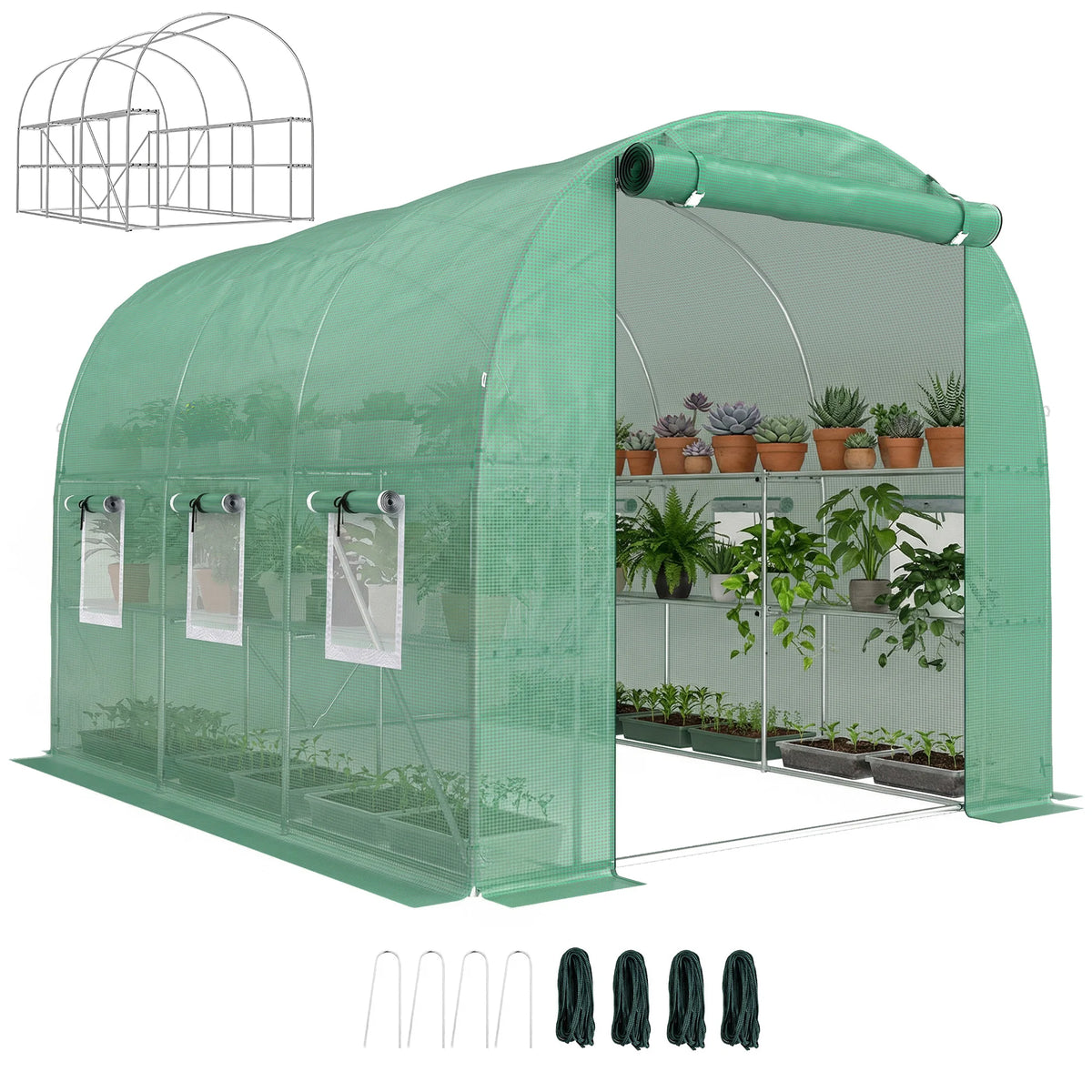 Walk-In Polytunnel Greenhouse with Shelves, Roll-Up Door and Mesh Windows, Green