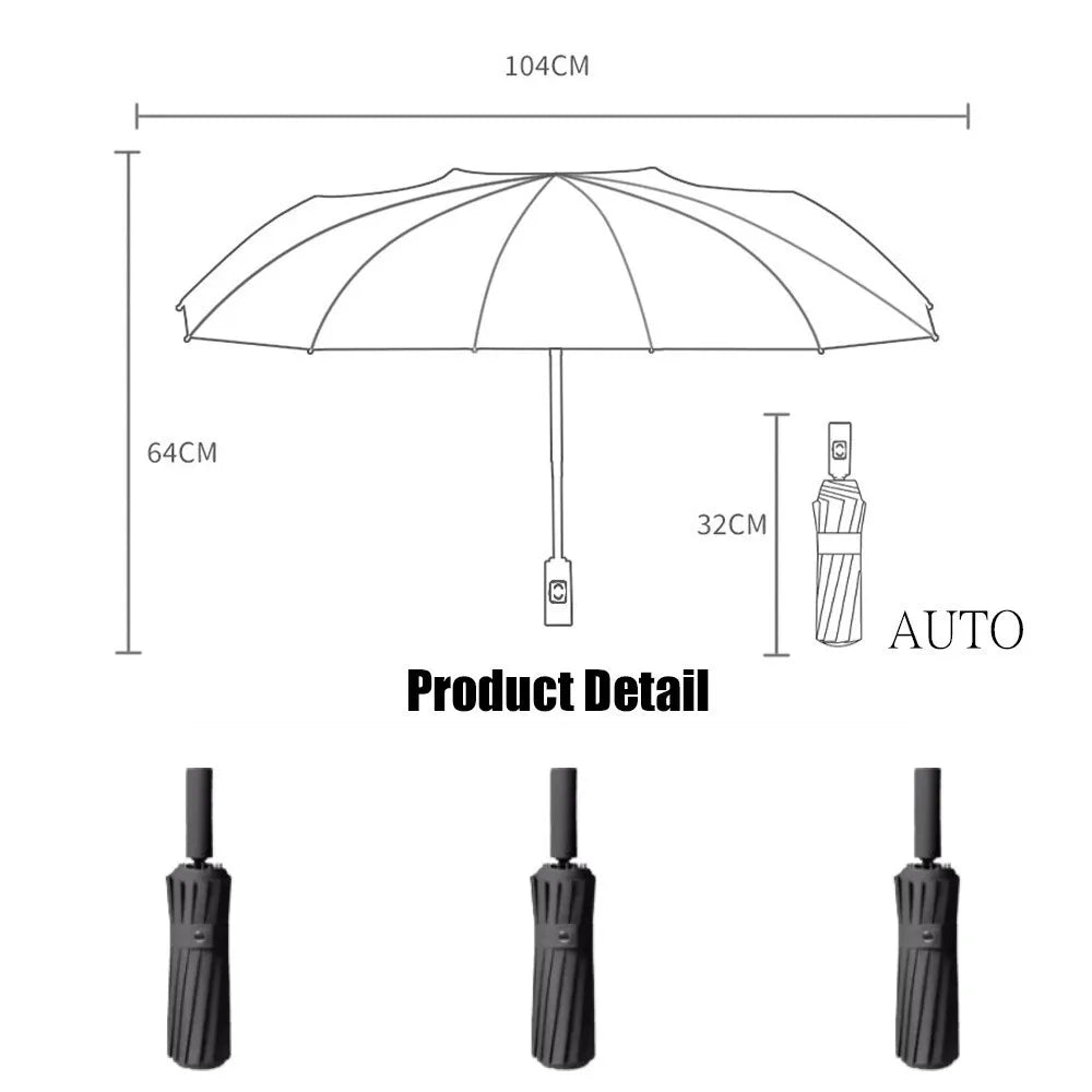 24-Rib Windproof Automatic Folding Umbrella, Compact Travel Umbrella, Black