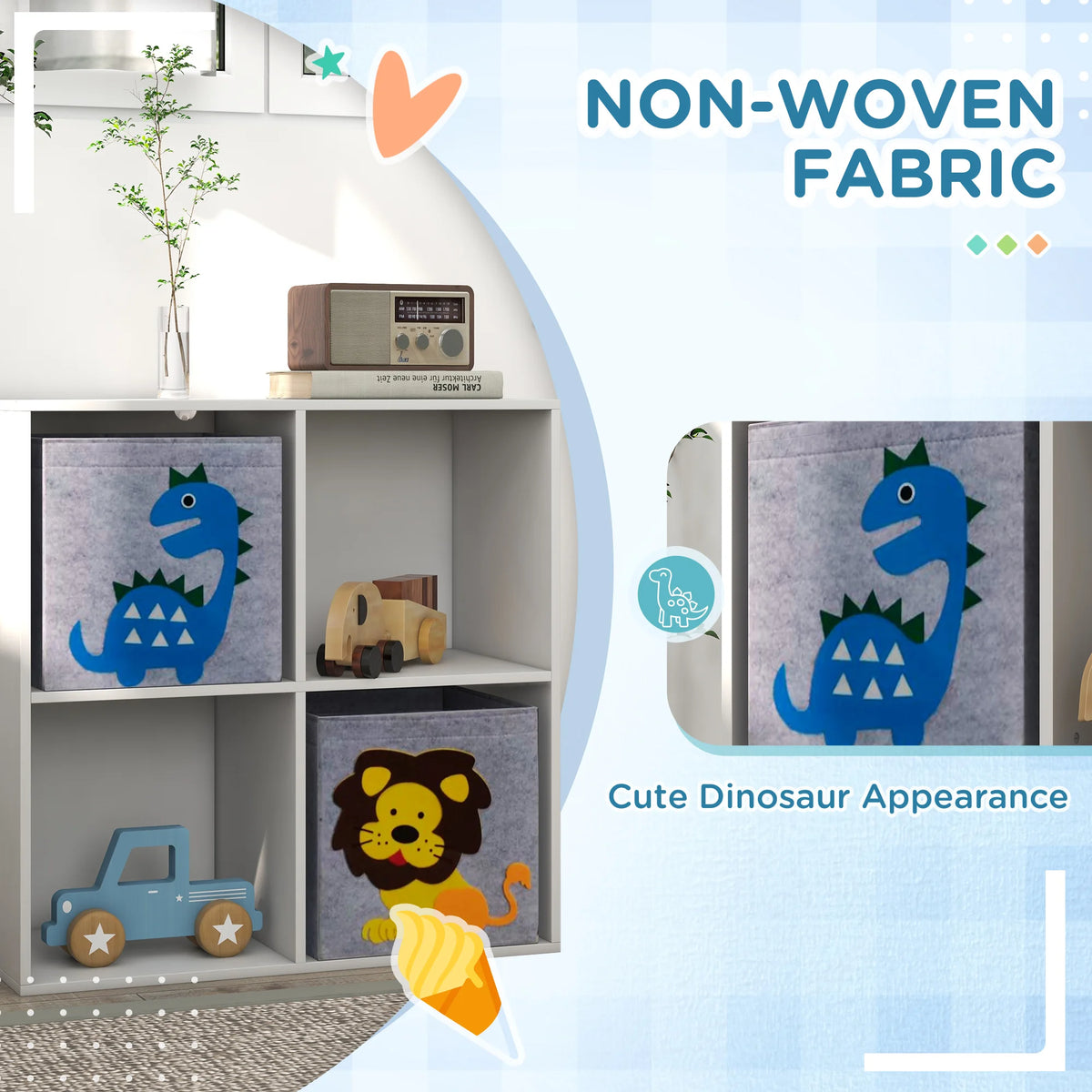 Kids Toy Organiser with 4 Cubes and 2 Fabric Drawers 61.8x61.8x29.9cm Anti Tip Animal Design Grey and White