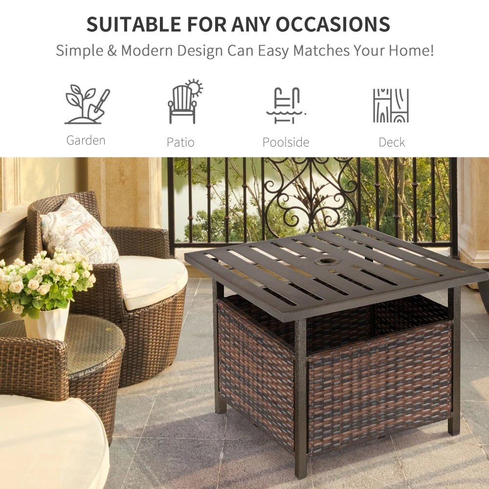 Rattan Garden Coffee Table 55.5cm Square with Umbrella Hole Storage Box Powder Coated for Patio Balcony Brown