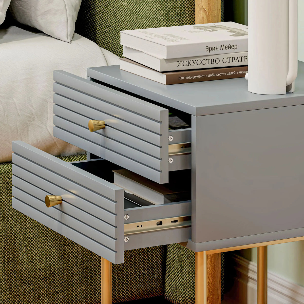 Bedside Tables Set of 2 with 2 Drawers and Gold-Tone Legs, Grey